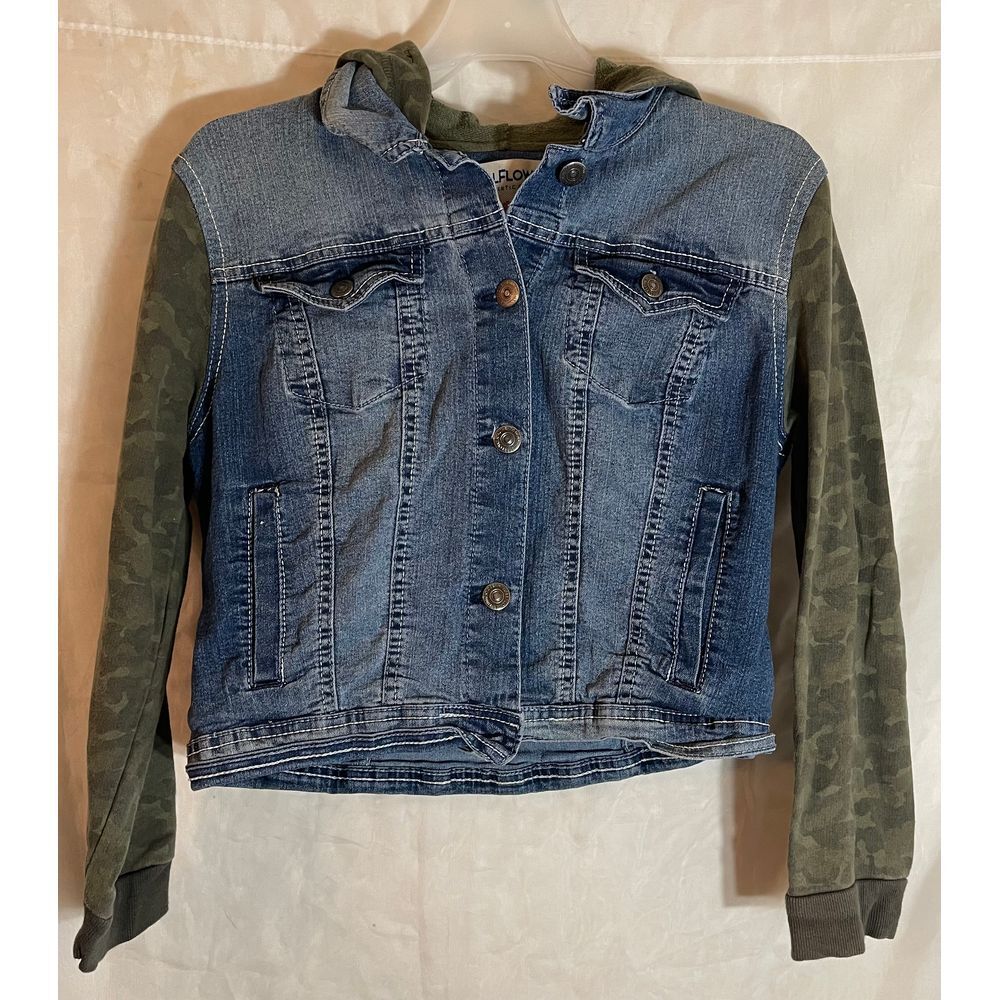 Wallflower Denim Jacket with‎ Camo Hoodie Sleeves Casual Street Style
